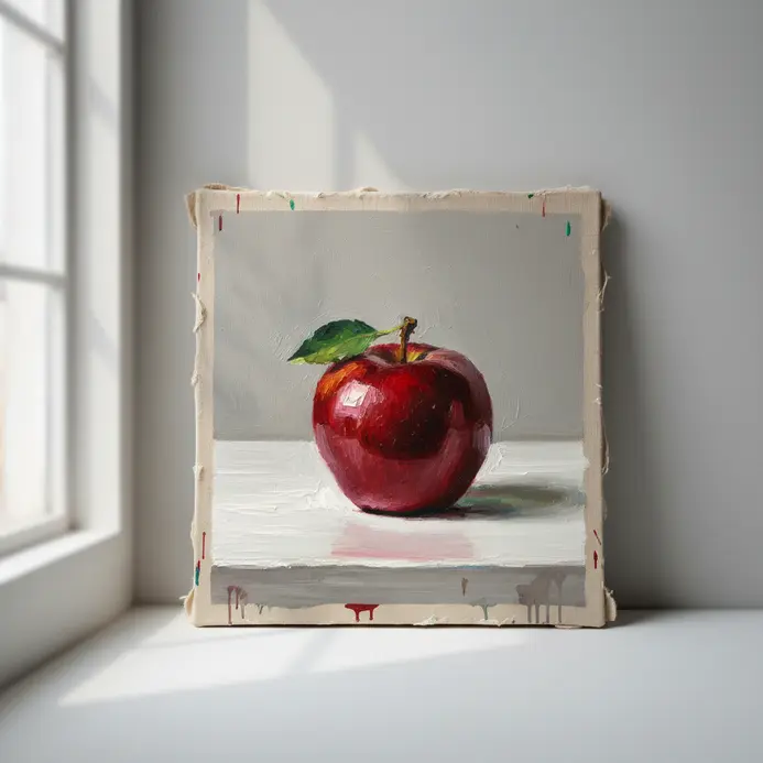 A monochrome architectural photo displayed in a deep red, stained wood frame.