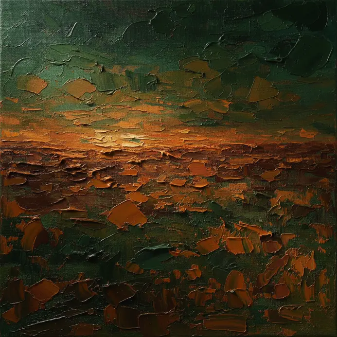 A wide, panoramic oil painting securely anchored by a thick, walnut-stained frame.