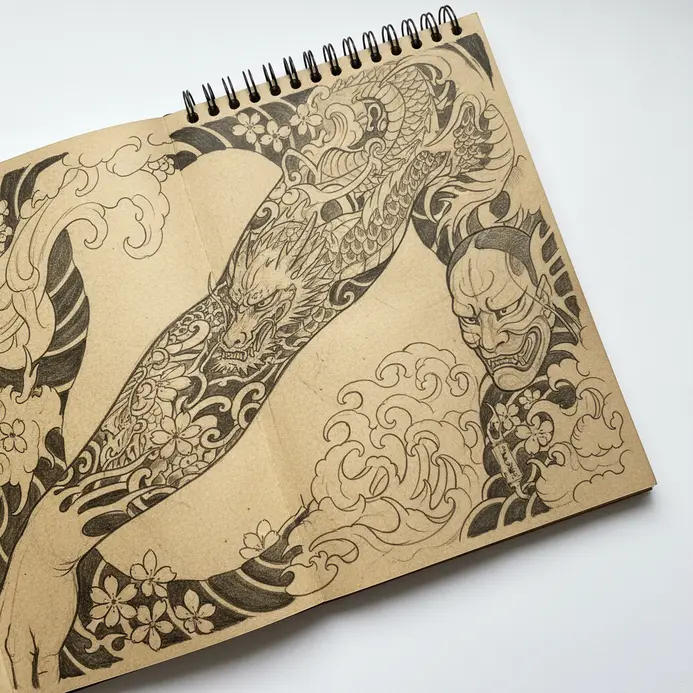 A hand holding a pencil over a sketchbook with various tattoo style and theme notes.
