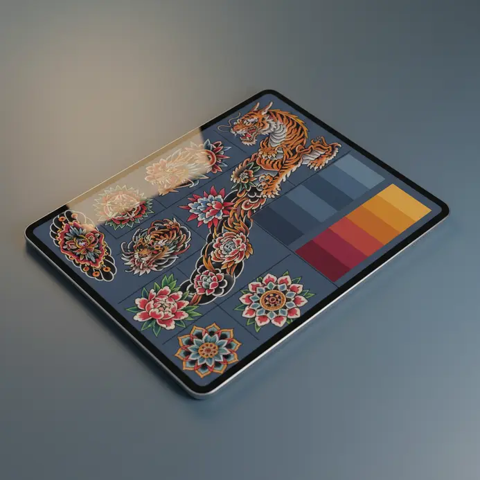A laptop screen displaying a digital mood board with various tattoo artwork and color palettes.