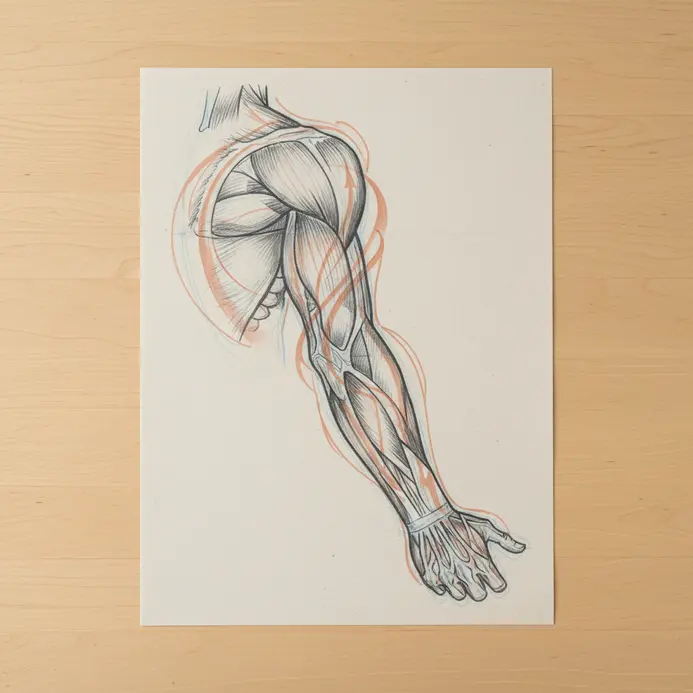 An illustration of an arm with lines drawn to highlight its natural curves and contours.