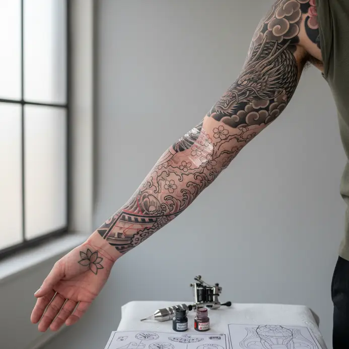 A close-up of a tattoo stencil applied to an arm, marking the placement of a large central design.