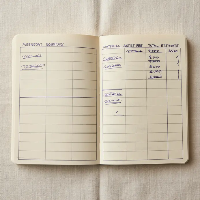 An open notebook showing a written timeline and cost breakdown for a multi-session tattoo.