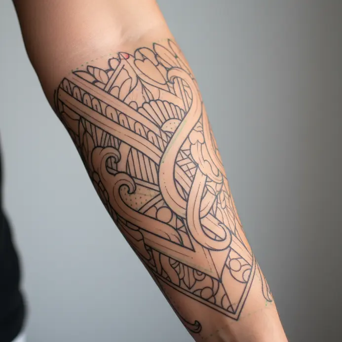 A person's arm covered in a complete stencil outlining the entire sleeve tattoo design.