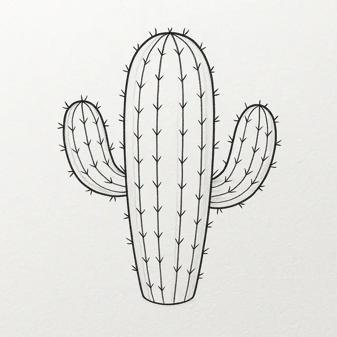 A black ink drawing of a cactus with small, sharp V-shaped spines drawn in clusters along each of its vertical ribs.