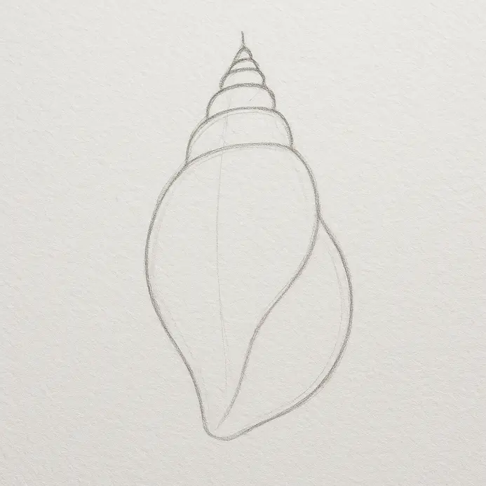 A pencil drawing showing the main oval shape with spiraling lines added to create the shell's form and a curved opening.