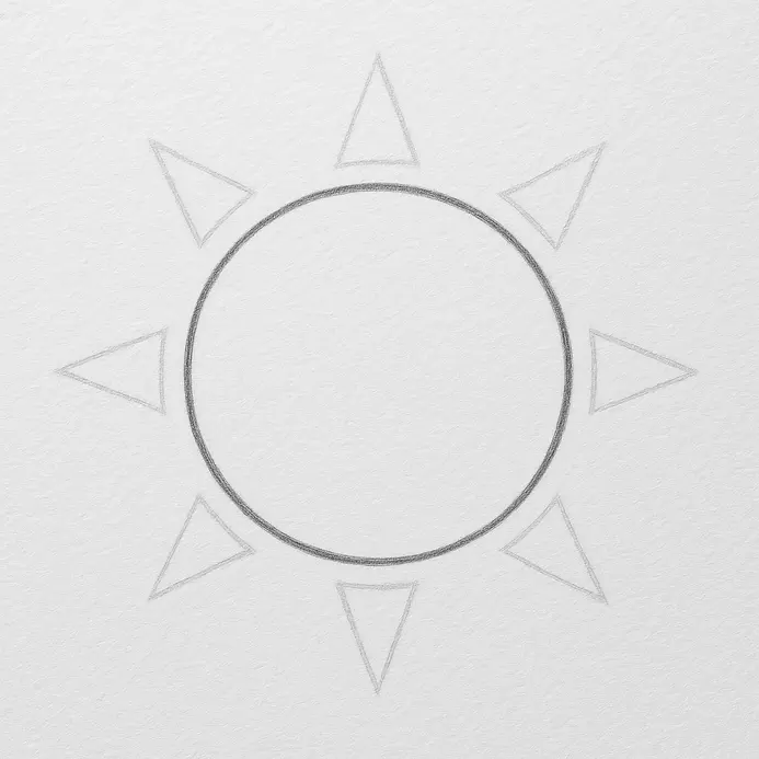A clean pencil circle with triangular ray guides, with the inner construction circle fully erased.