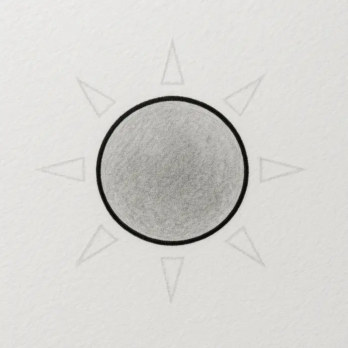 A clean, inked black circle over a pencil circle, with triangular pencil ray guides visible around it.