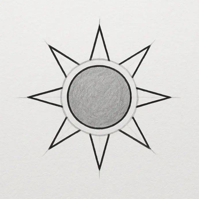 A complete inked sun with a central circle and solid triangular rays, all drawn over faint pencil guides.