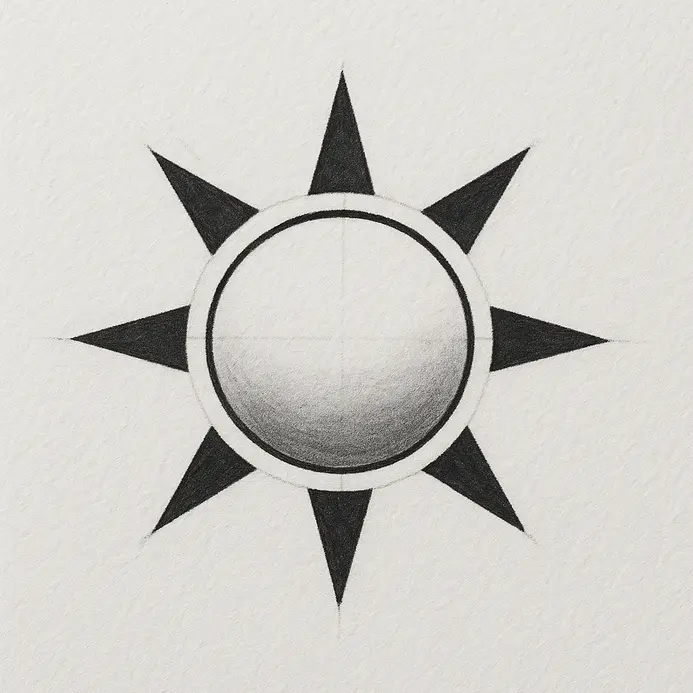An inked sun with soft pencil shading along the lower curve of the central circle, creating a sense of glow.
