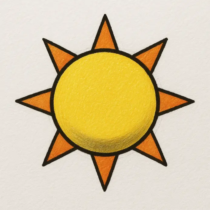 A completed sun drawing with a yellow center, orange-tipped rays, soft shading, and crisp black outlines on white paper.