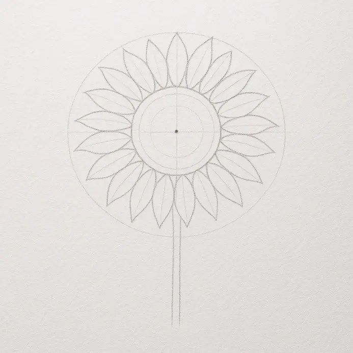 A pencil sketch showing two concentric circles with a third, larger circle drawn around them on white paper.