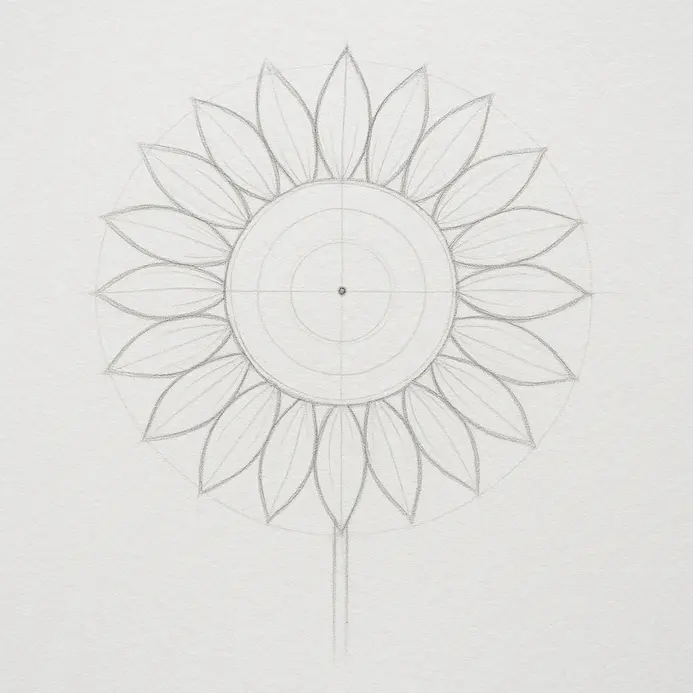 A pencil sketch showing two concentric circles with a ring of long, overlapping teardrop shapes drawn around the outer circle.