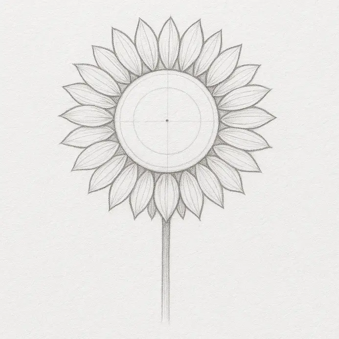 A pencil sketch showing a sunflower center with two full rings of overlapping petals, creating a sense of depth.