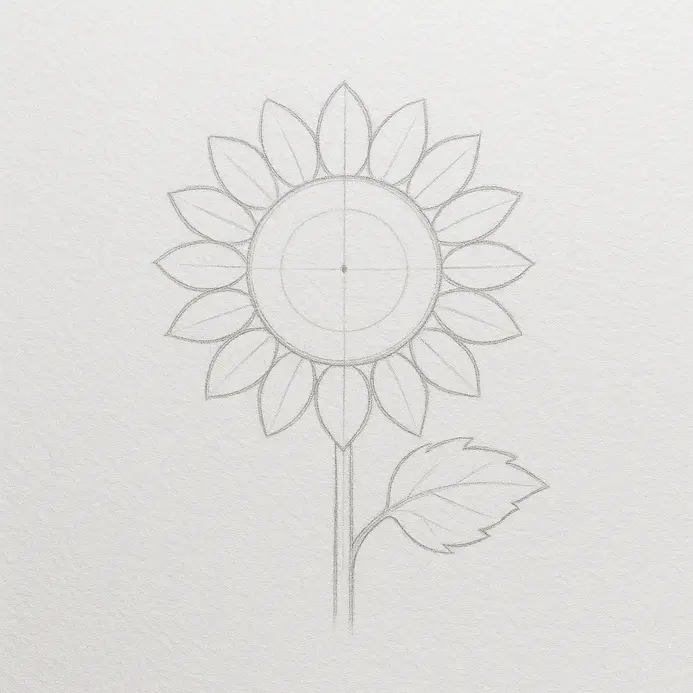 A pencil sketch of a complete sunflower with petals, a long stem, and a large, serrated leaf attached to the stem.