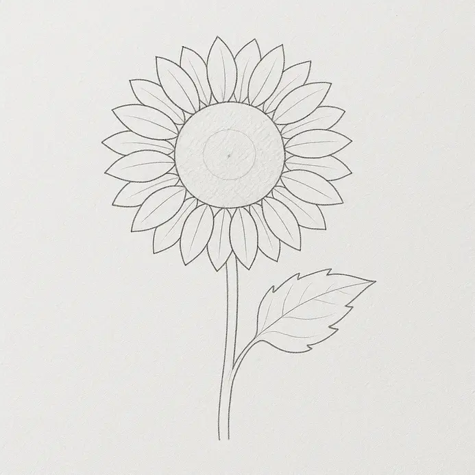 A clean pencil drawing of a sunflower with petals, stem, and leaf, after all the initial guide circles have been erased.