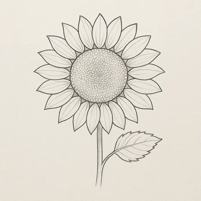 A clean ink drawing of a sunflower with petals, stem, and leaf on white paper, with all pencil lines now inked.