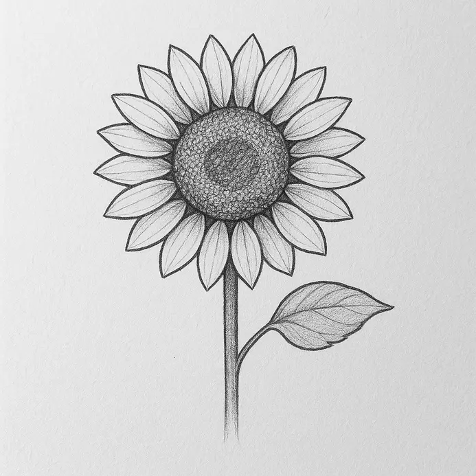 An inked sunflower drawing with soft pencil shading added at the base of the petals and along one side of the stem and leaf.