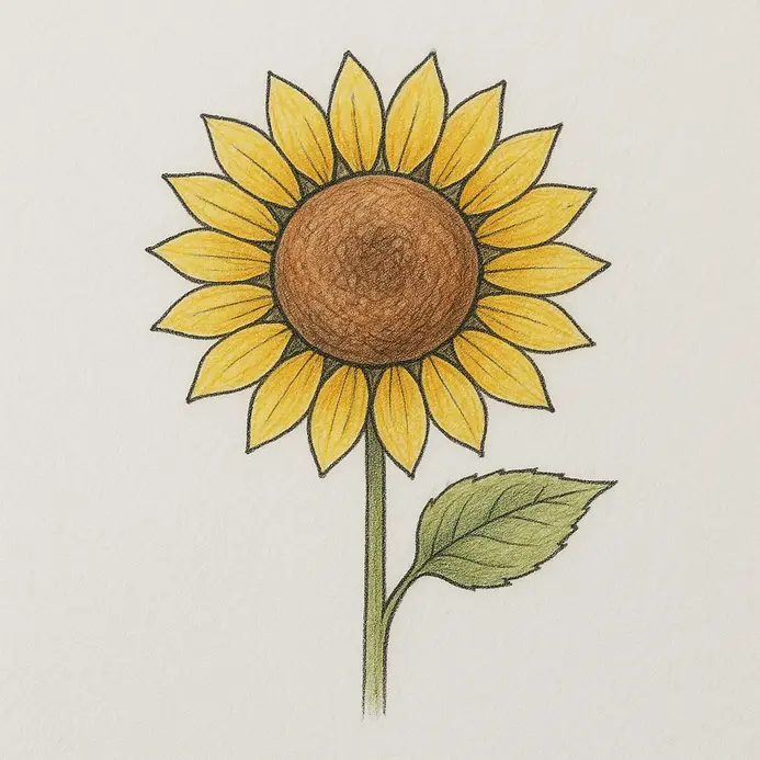 A completed, colorful sunflower drawing with yellow petals, a brown center, a green stem, and a green leaf on white paper.