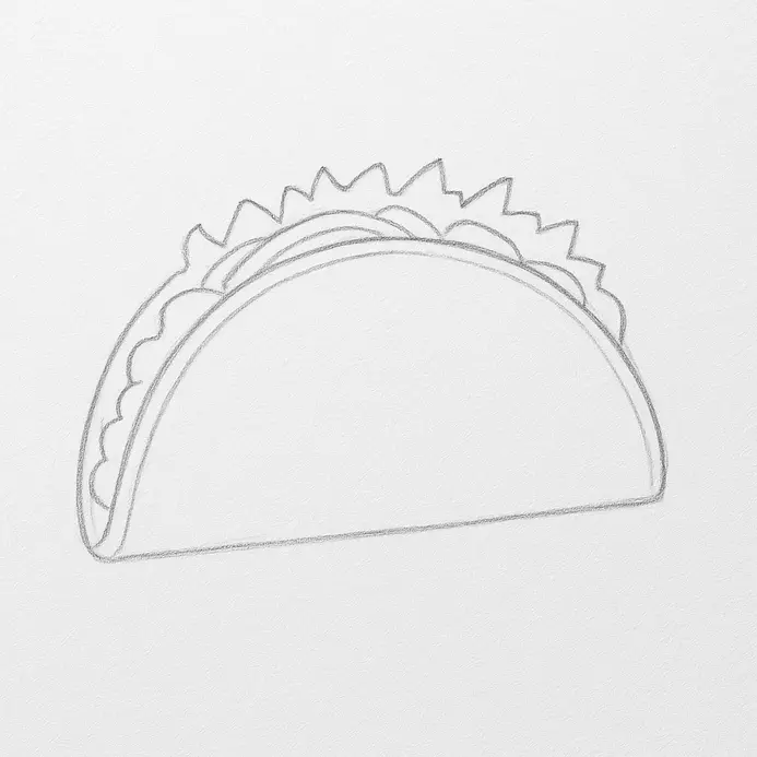 A clean pencil drawing of a taco with a shell, meat, lettuce, and cheese, with all light guide lines erased on white paper.