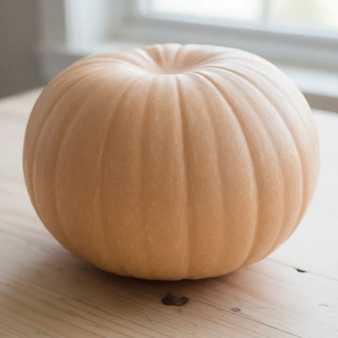 A pale orange pumpkin with a smooth, unblemished surface resting on a cloth.