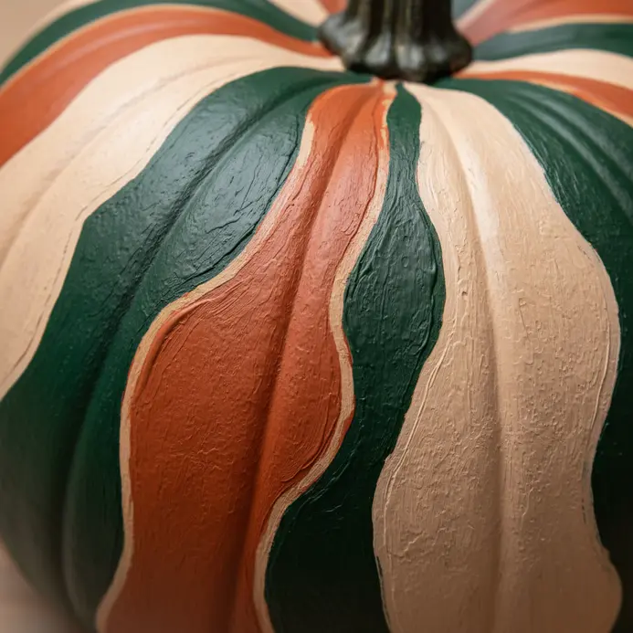 A completed pumpkin with a intricate painted design sits alone on a table to dry.