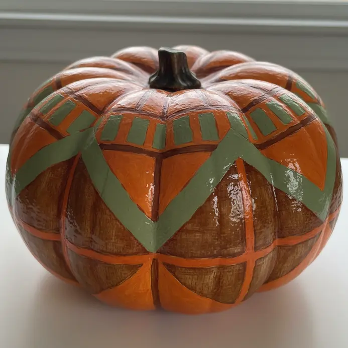 A vibrant painted pumpkin with a geometric pattern sits on a covered, dry porch step.