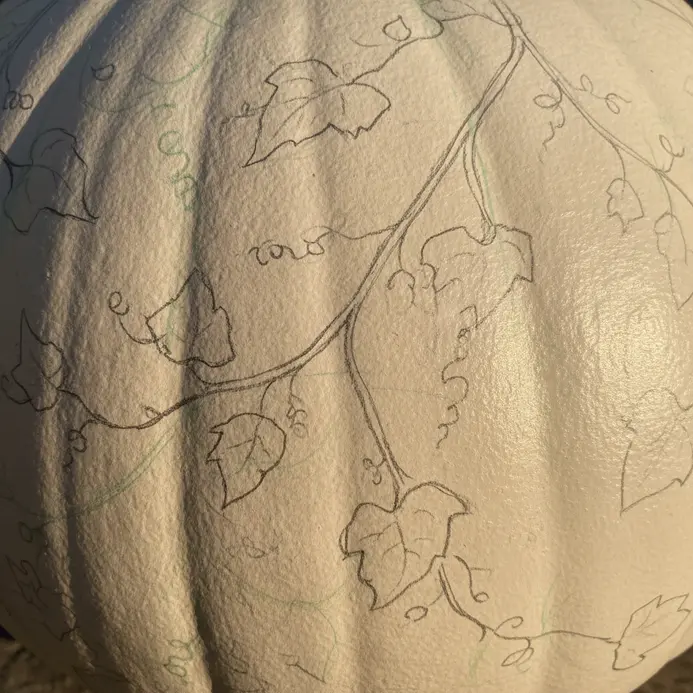 Close-up of a pumpkin showing faint pencil lines outlining a leaf and vine design.