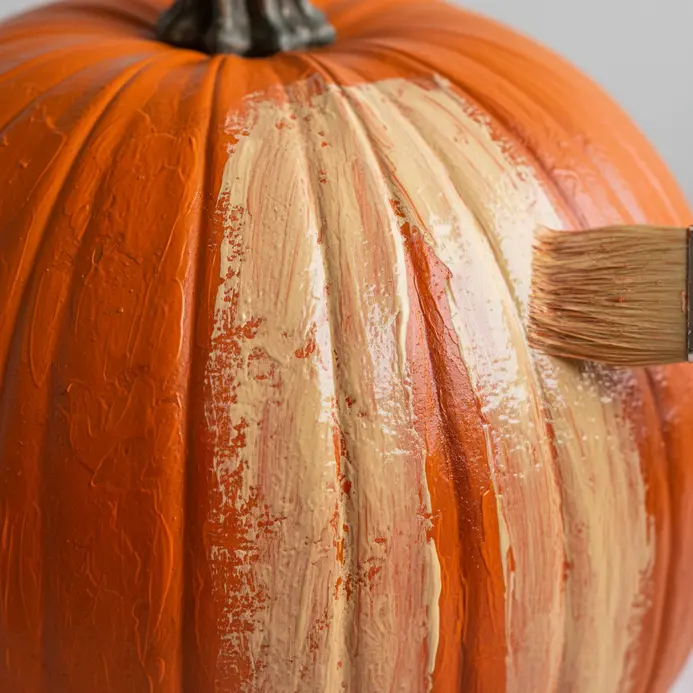 A detail brush adds highlights of bright orange paint to a pumpkin's ribbed sections.