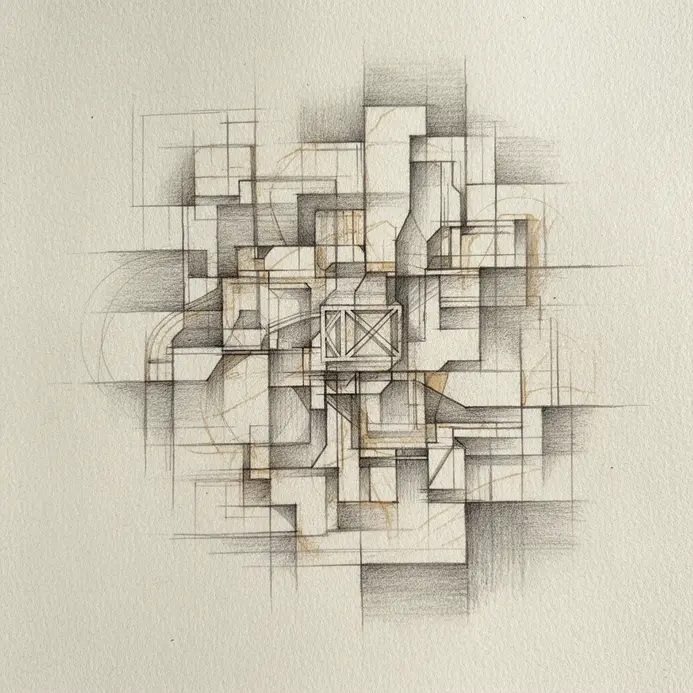 A pencil drawing of a building design with overlapping geometric shapes and annotations.