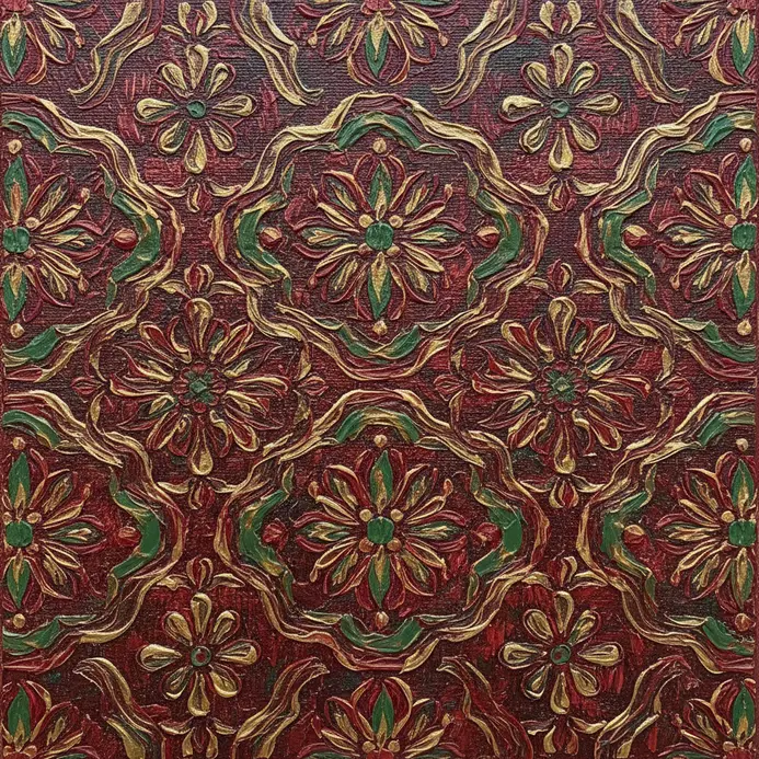 A person's hands weaving intricate red and gold patterns on a large loom.