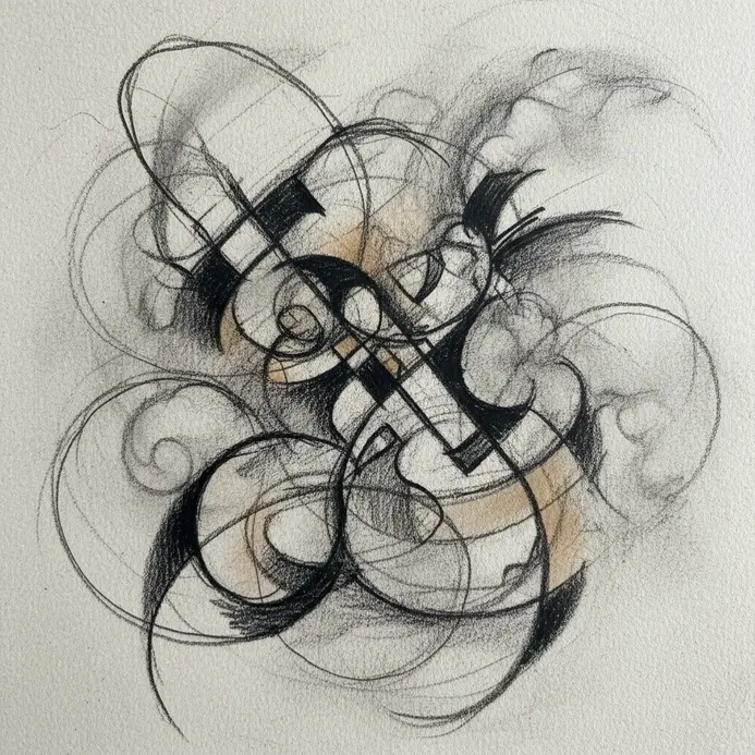 A person uses charcoal to create expressive, sweeping lines on a large sheet of paper.