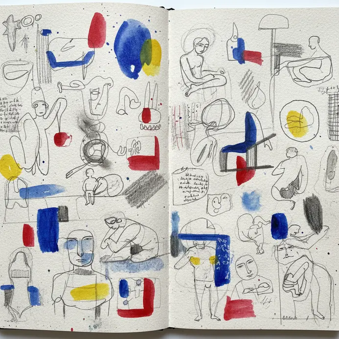A personal sketchbook shows pages of figure studies, color mixing, and written observations.