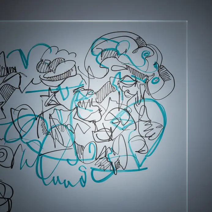 Collaborative ideation session with rough sketches and notes covering a glass board.