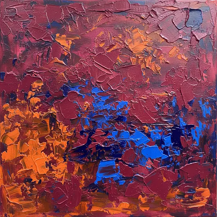 A person stands before a large abstract canvas, reflecting on its colors and forms.