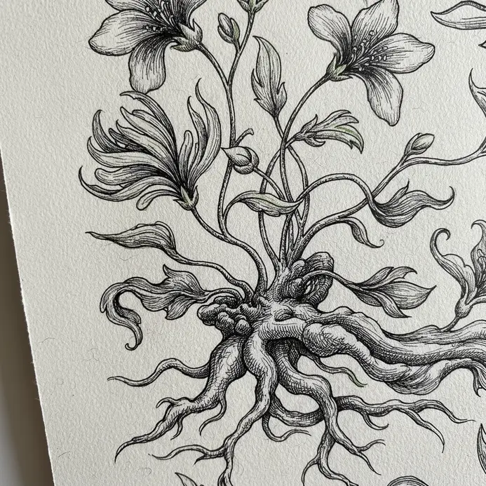 A hand uses a fine liner pen to create intricate cross-hatching on a leaf illustration.