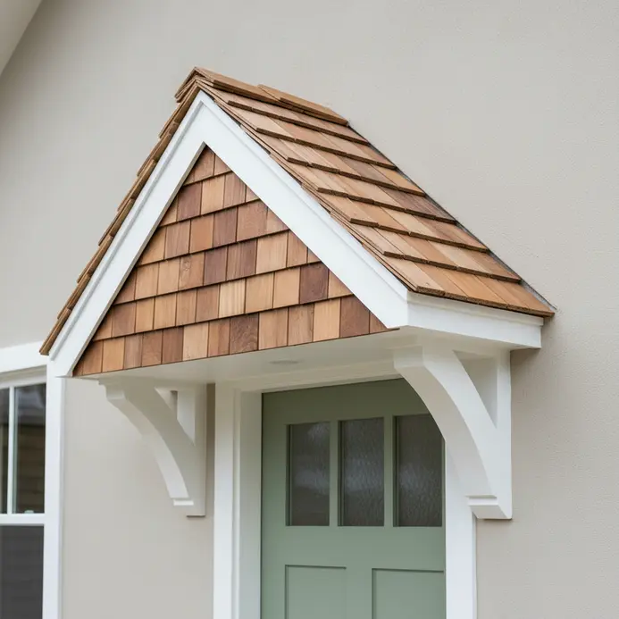 A wooden gable overhang with cedar shingles, supported by white columns on both sides, over a dark green front door.