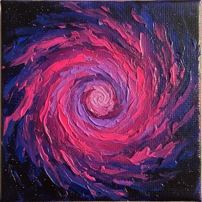 An abstract acrylic painting with swirling neon pinks, purples, and blues depicting a cosmic nebula.