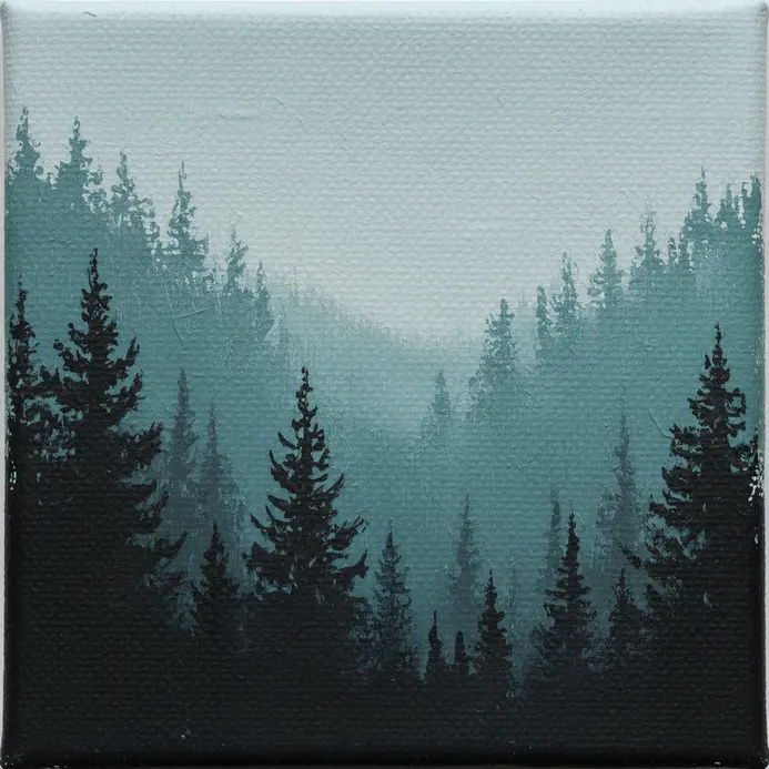 A small acrylic painting of dark pine tree silhouettes against a soft, misty gray background.