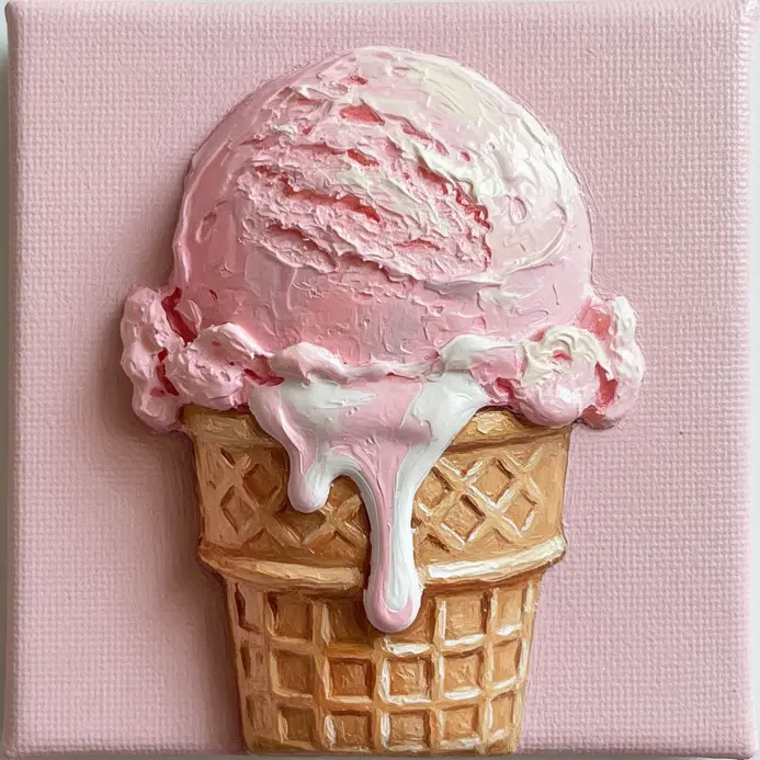 A playful acrylic painting of a single scoop of pink strawberry ice cream melting down a cone.