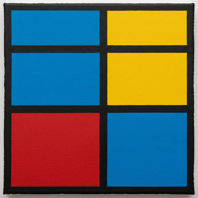 A geometric acrylic painting in the style of Piet Mondrian using bold black lines and primary colors.