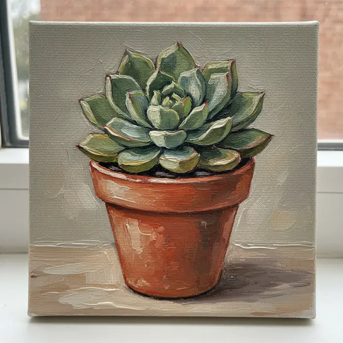 A detailed acrylic painting of a green succulent plant in a small terracotta pot on a mini canvas.