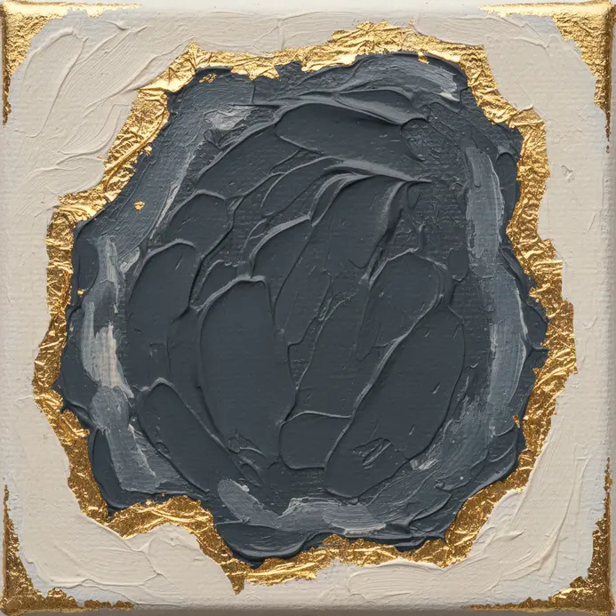 An abstract organic shape painted in acrylics with a border of applied gold leaf on a small canvas.