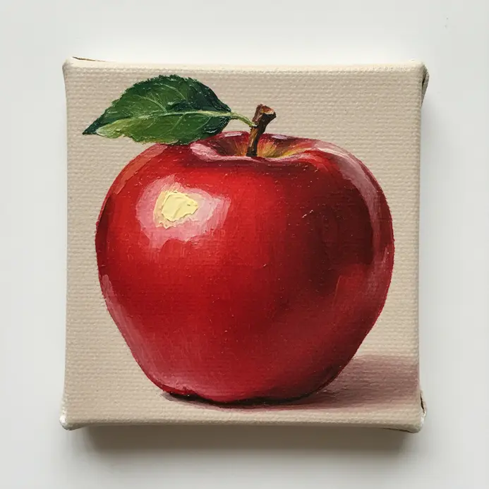 A simple, bold acrylic painting of a single shiny red apple with a green leaf on a small canvas.