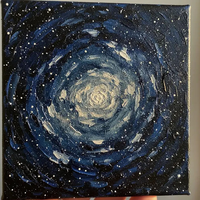 A dark blue acrylic night sky dotted with tiny white and yellow sparkling stars on a small canvas.