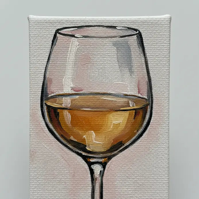 A minimalist acrylic silhouette of a wine glass against a warm-colored background on a tiny canvas.