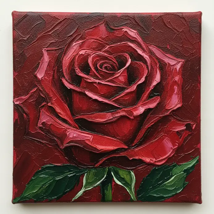 A close-up acrylic painting of a single red rose with detailed petals on a small square canvas.