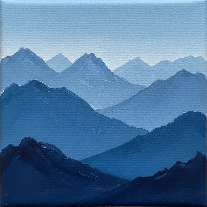 A series of mountain peaks painted in varying shades of a single blue acrylic color.
