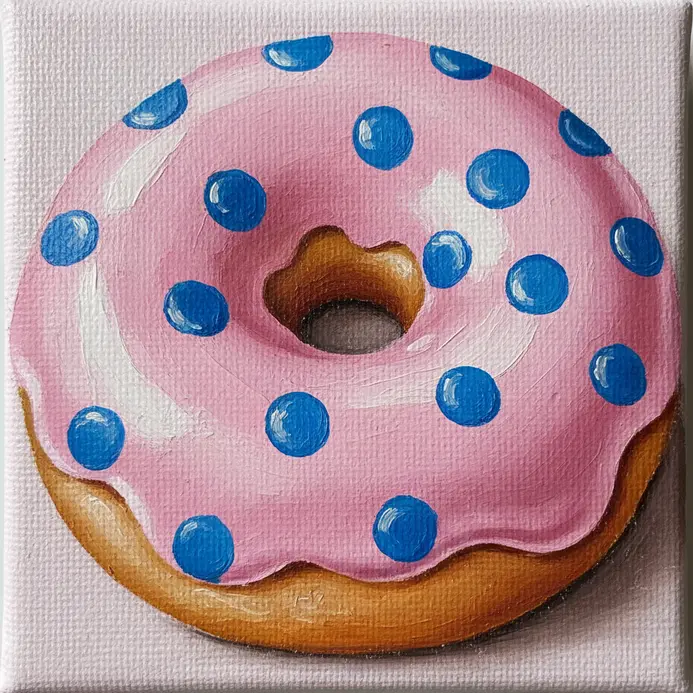 A whimsical acrylic painting of a pink frosted donut with colorful polka dots on a small canvas.