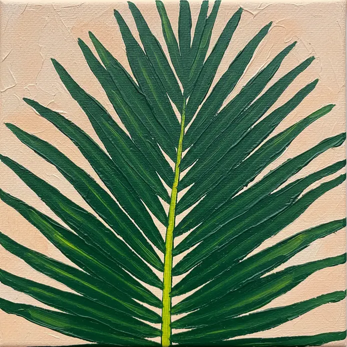 A bold, dark green silhouette of a large tropical palm leaf against a bright background.